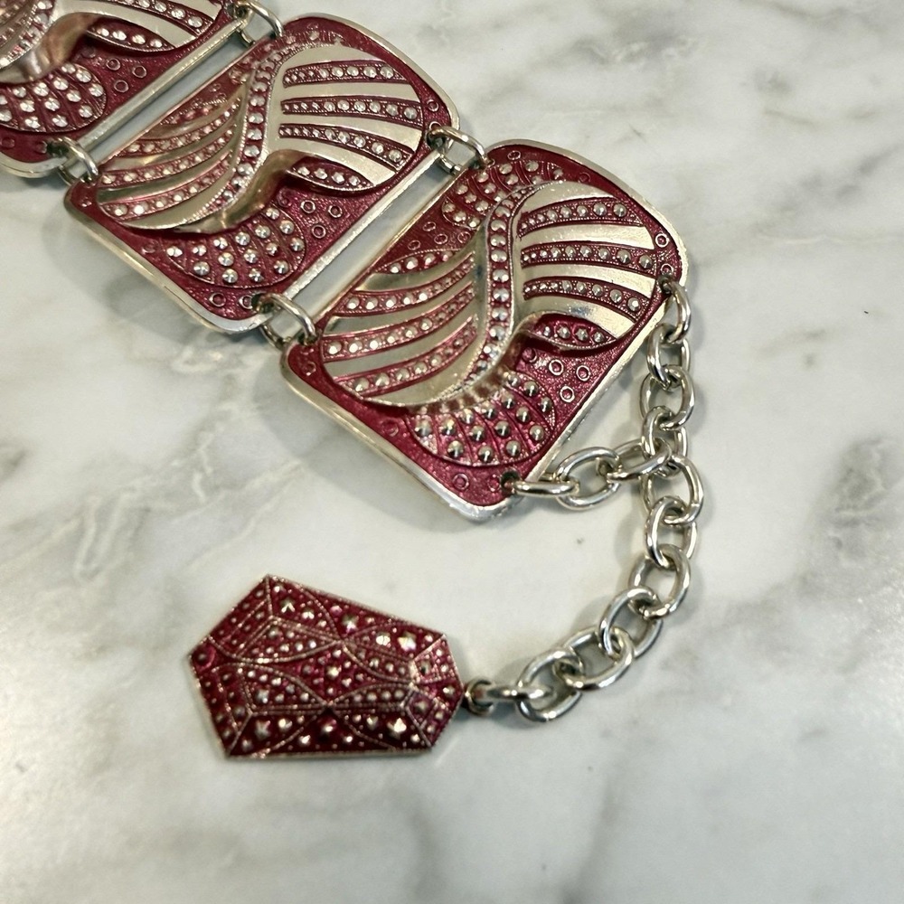 Vintage West Germany Eloxal Modernist Panel Bracelet Aluminum Pink Enamel - Picture 4 of 8